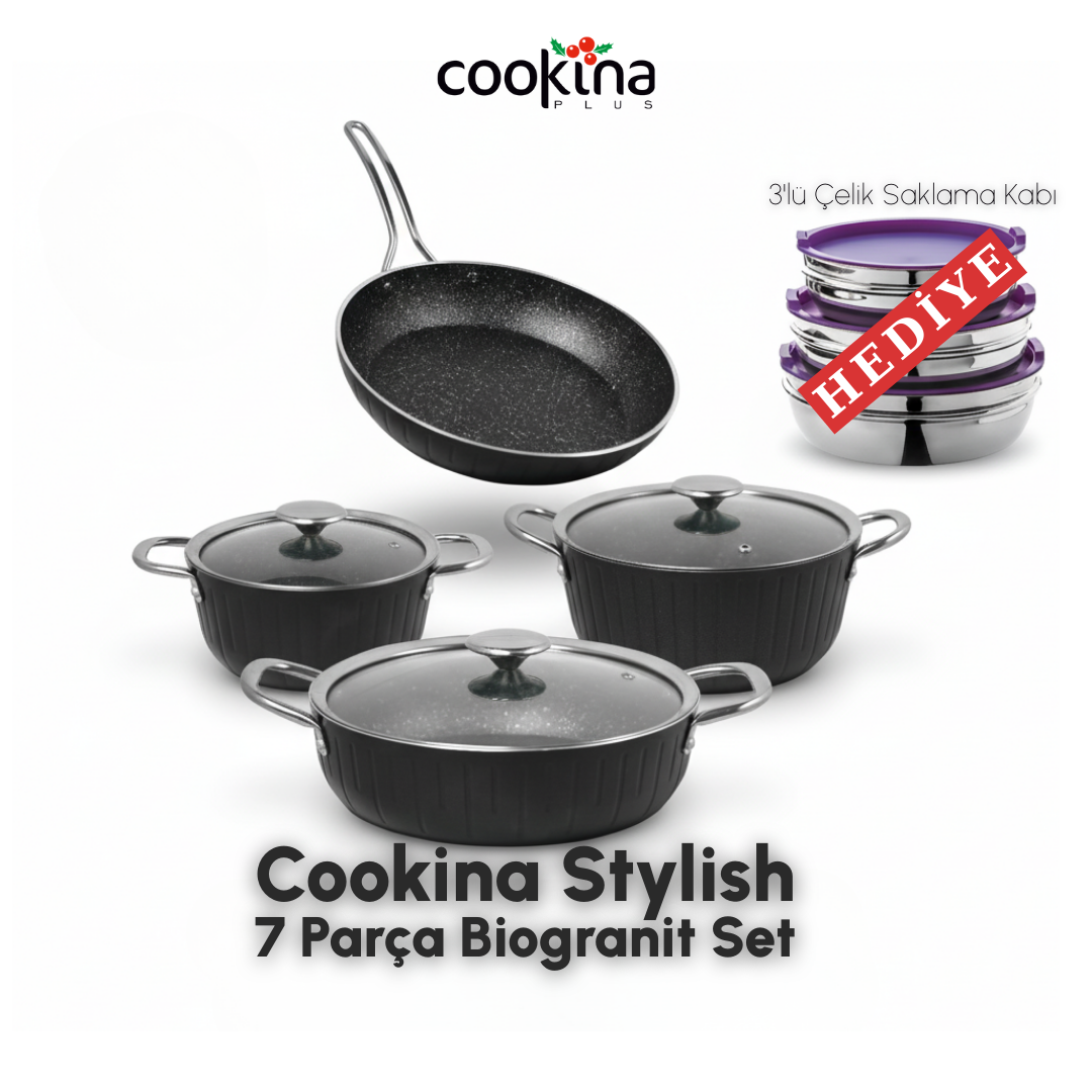 7Parça Granit Tencere Seti ve 3'lü Saklama Kabı