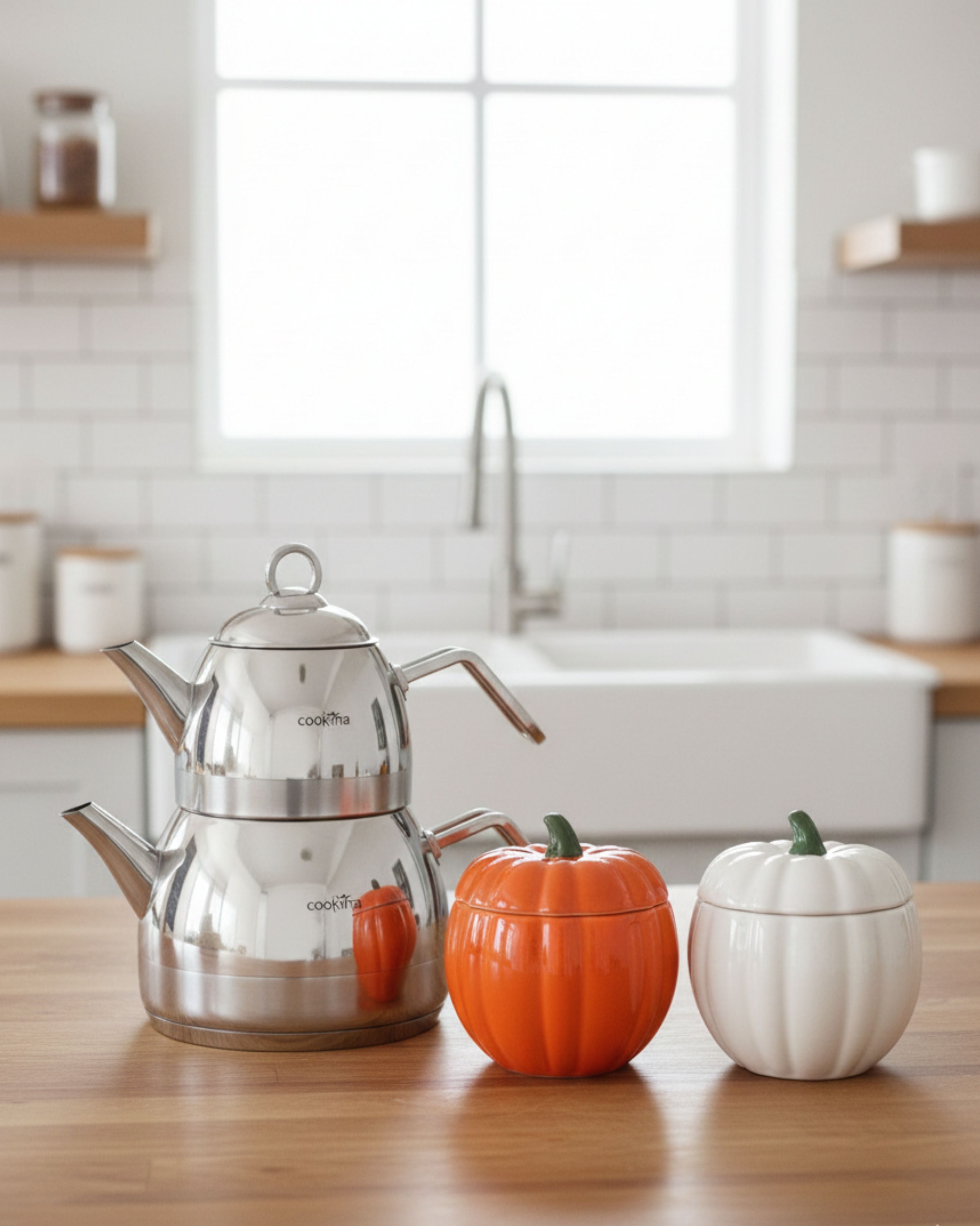 Cookina Çelik Çaydanlık ve İkili Bal Kabağı Şekerlik