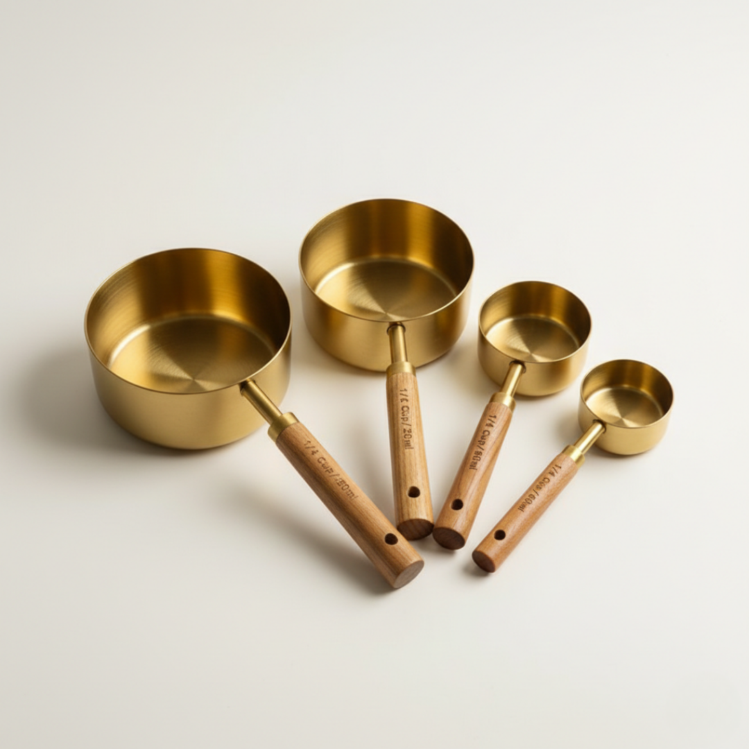 Büyükten küçüğe sıralanmış 4 parça gold ölçü kabı seti ve boyutları.