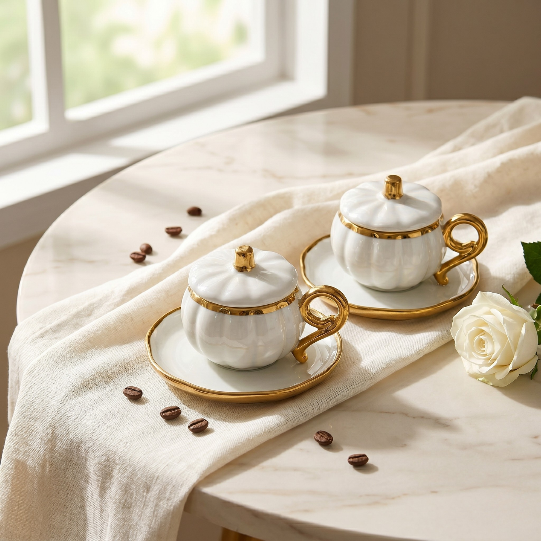 CookinaPlus Pumpkina Pearl 6 Parça Kapaklı Beyaz Bal Kabağı Porselen Kahve Fincan Takımı 2 Kişilik