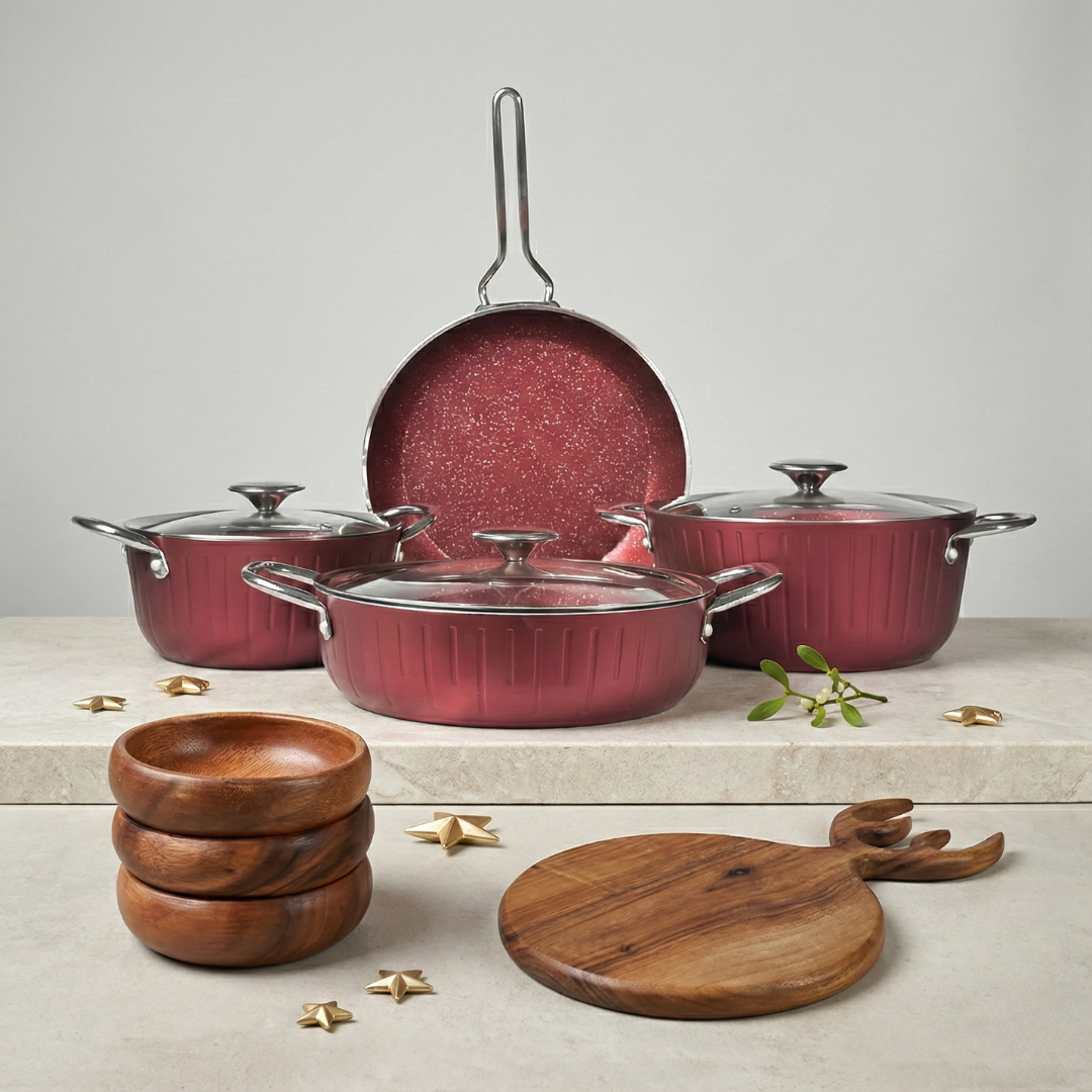Stylish Granit Tencere + Ahşap Sunumluk + Çerezlik