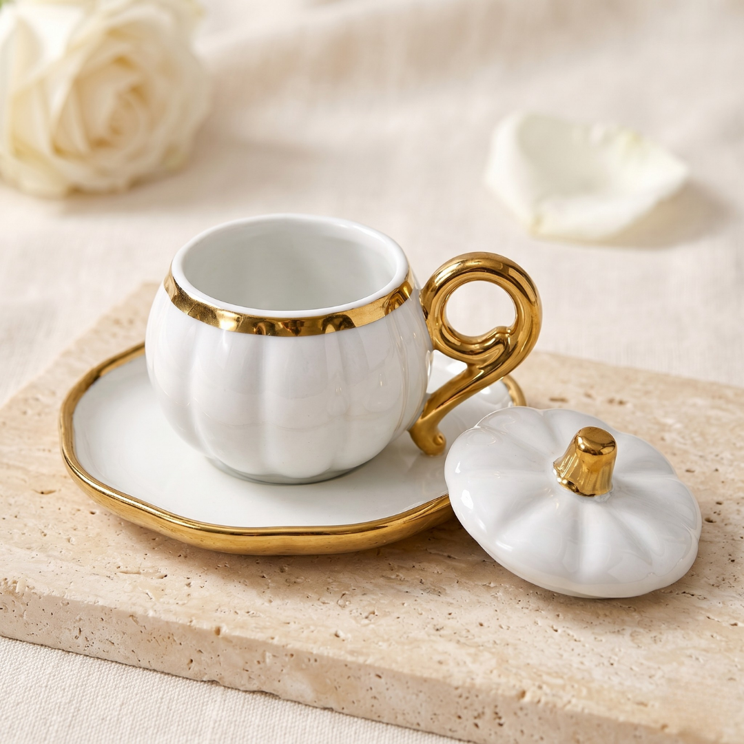 CookinaPlus Pumpkina Pearl 6 Parça Kapaklı Beyaz Bal Kabağı Porselen Kahve Fincan Takımı 2 Kişilik