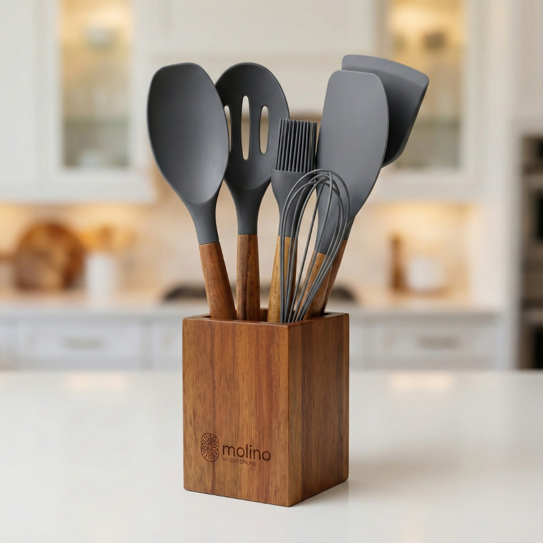 Molino Klasik Gri Silikon & Akasya Ahşap Mutfak Servis Seti (8 Parça)