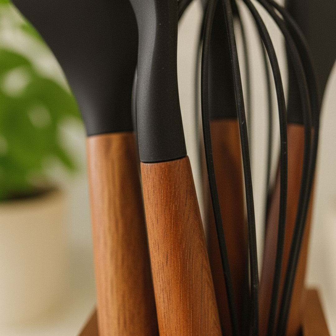 Molino Premium Siyah Silikon & Akasya Ahşap Mutfak Servis Seti (8 Parça)