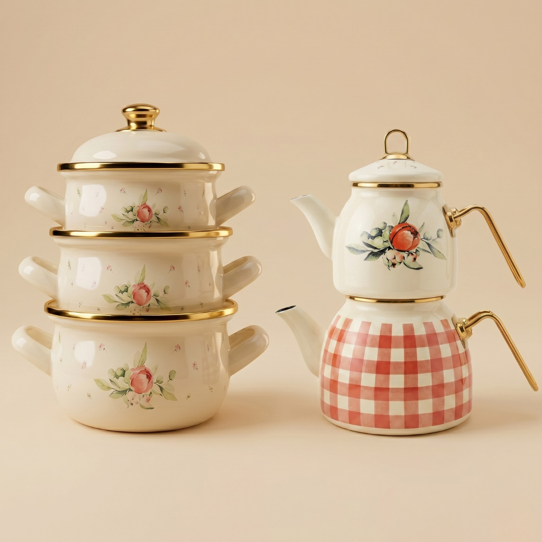 Vintage Rose Emaye Mutfak Bundle: Çaydanlık Takımı & 3'lü Tencere Seti