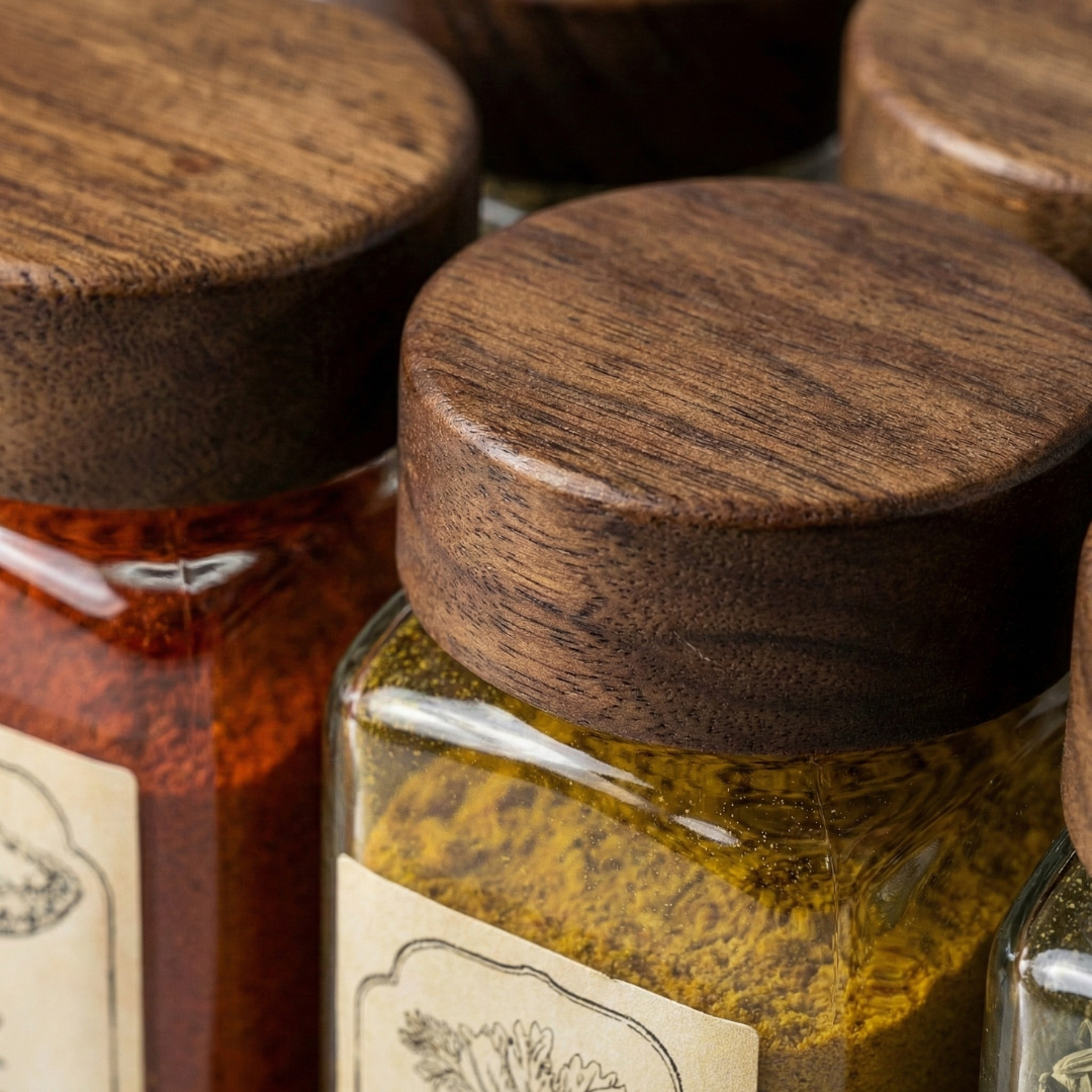 Akasya Standlı 8'li Cam Baharatlık Seti