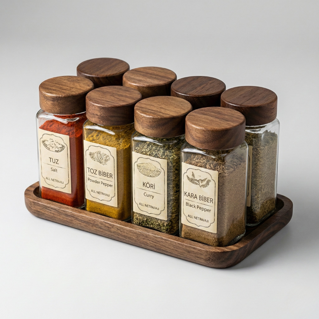 Akasya Standlı 8'li Cam Baharatlık Seti