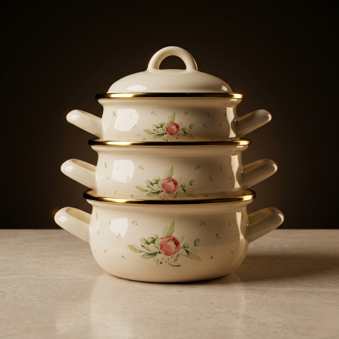 Antique Rose: 3'lü Mini Emaye Tencere Seti - Altın Şeritli (6 Parça)