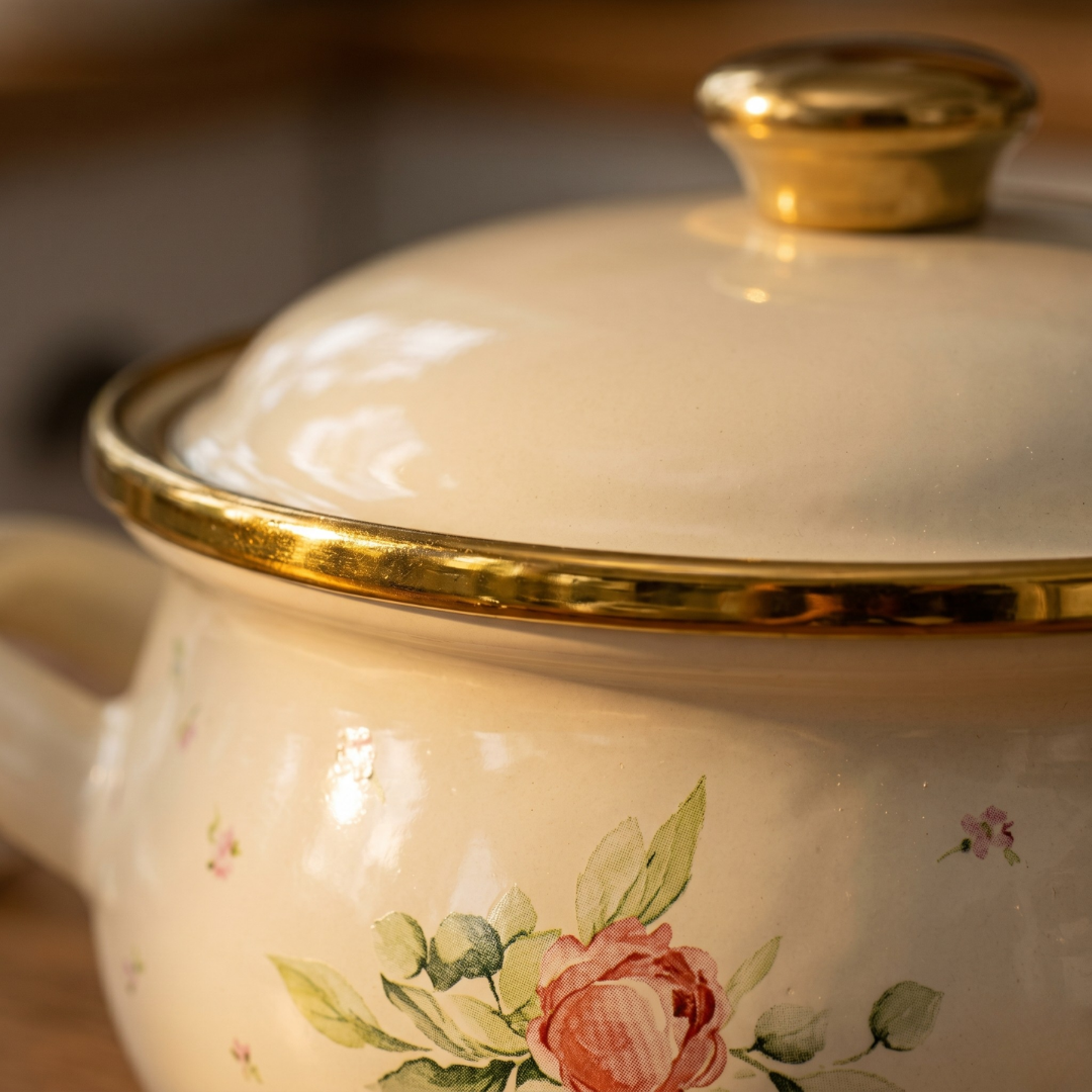 Antique Rose: 3'lü Mini Emaye Tencere Seti - Altın Şeritli (6 Parça)