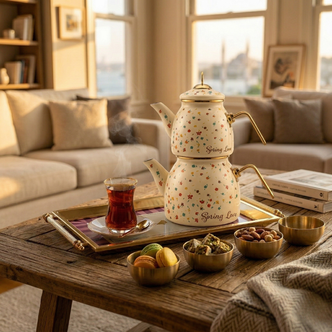 CookinaPlus Golden Ritual: Spring Love Emaye Çaydanlık, 4’lü Sunum Kasesi ve Tepsi