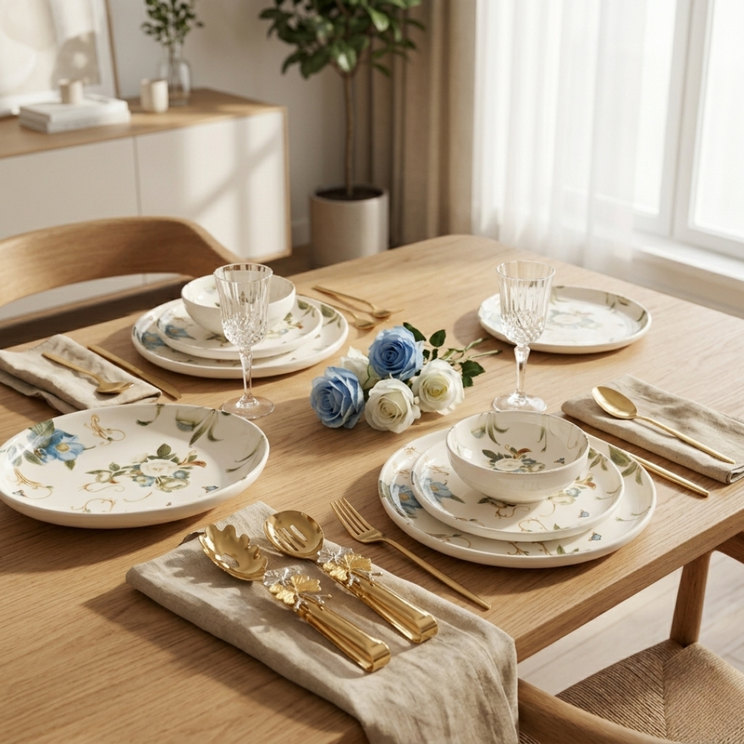 Azure Bloom: 24 Parça Premium Krem Porselen Yemek Takımı (6 Kişilik)