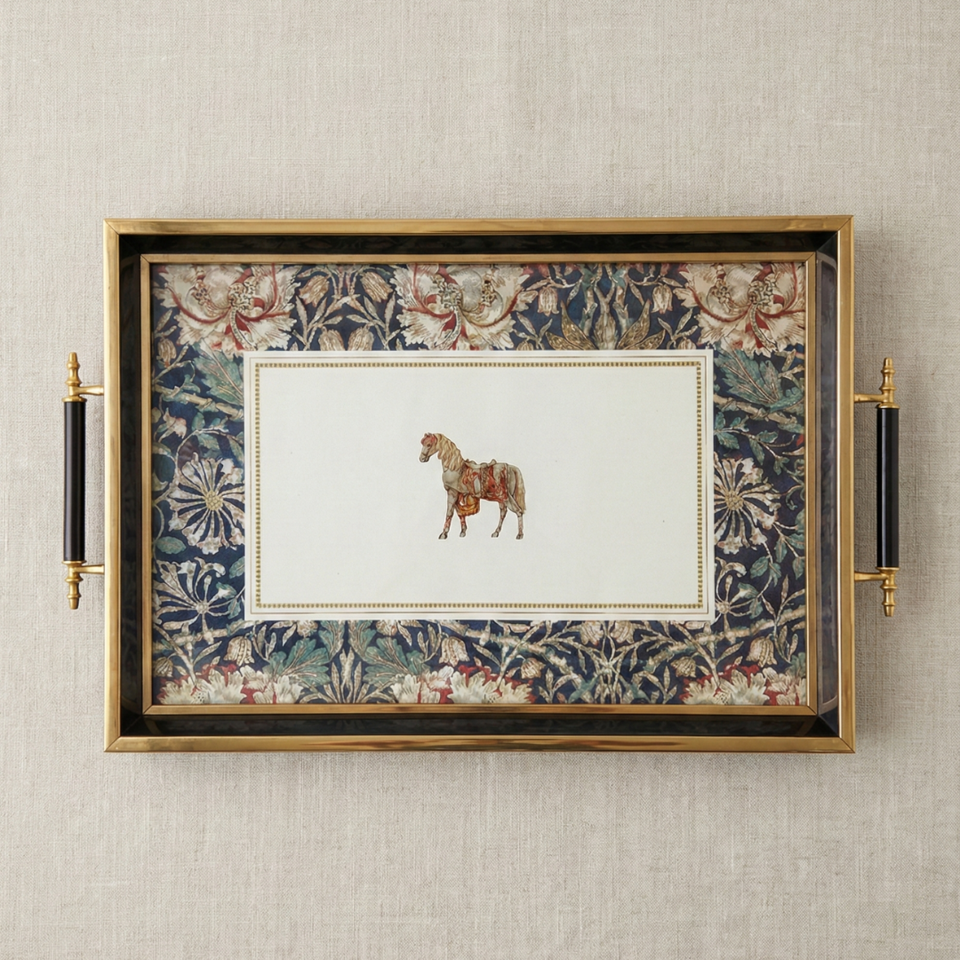 Vintage Çiçek Desenli Gold Kenarlı Dekoratif Tepsi (41x28)