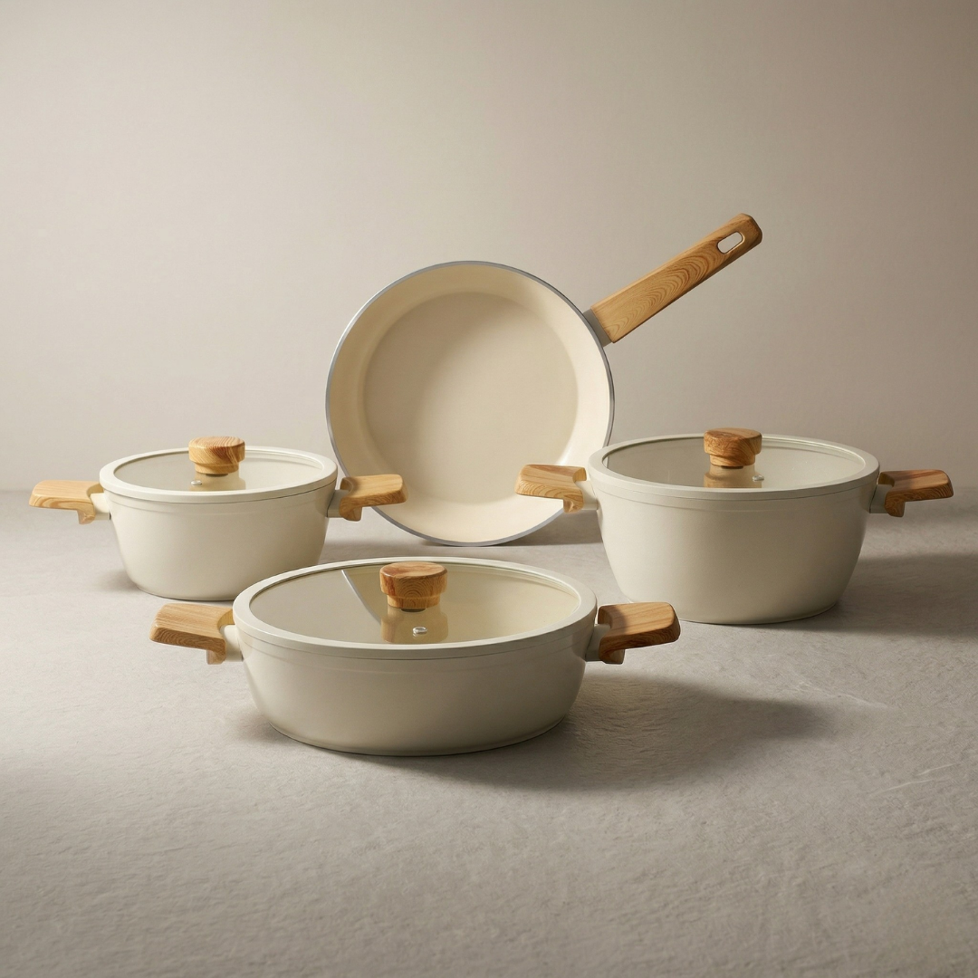 Cookina Nordic Cream 7 Parça Ahşap Detaylı Premium Granit Tencere Seti
