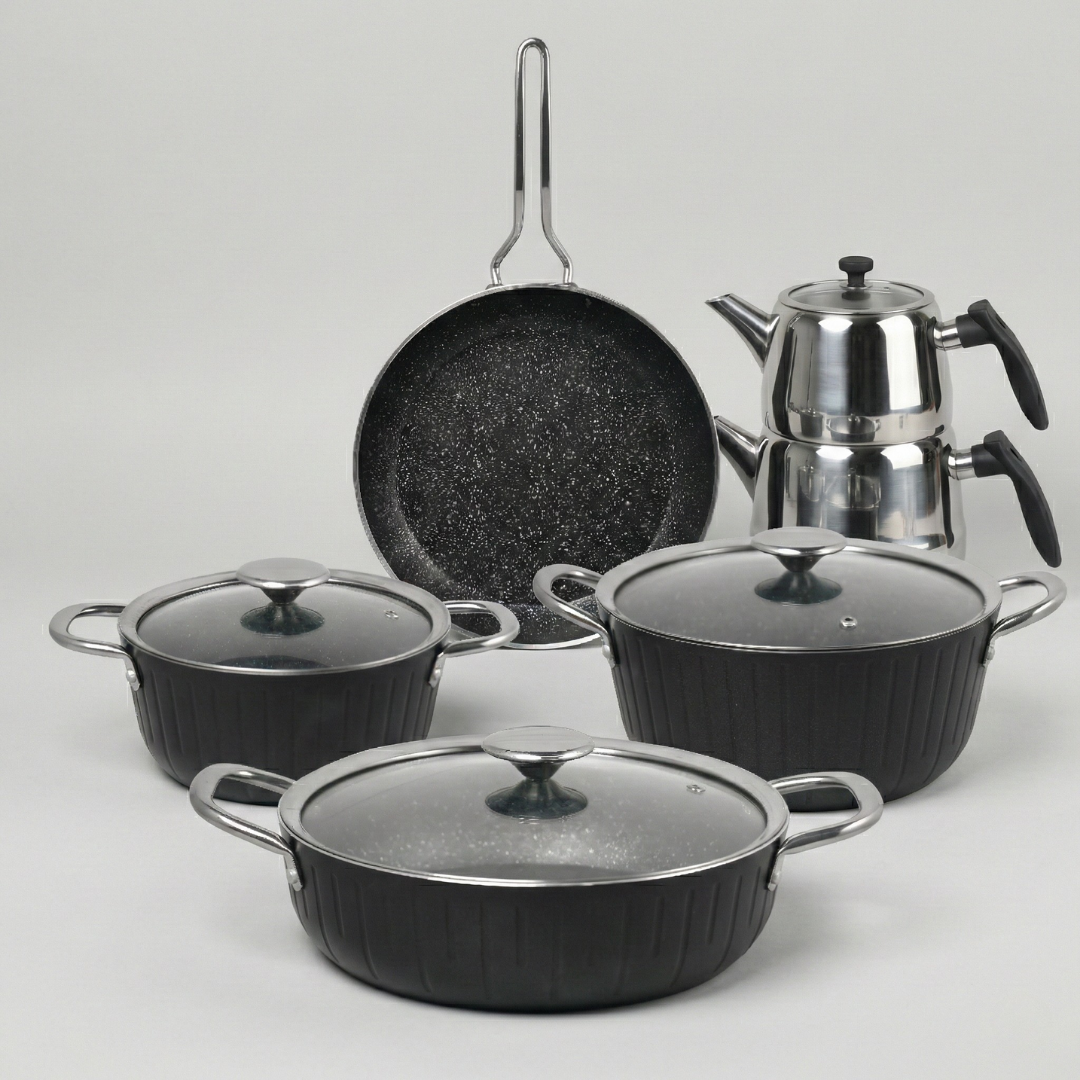 Cookina Plus 7 Parça Siyah Granit Tencere Seti + Aile Boyu Çelik Çaydanlık HEDİYE (Fırsat Paketi)