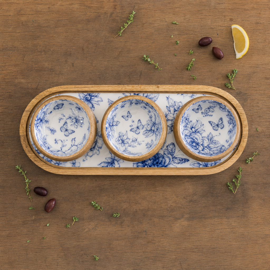 Blue Blossom 3 Kaseli Ahşap Oval Sunum Tepsisi Meze Sos ve Kahvaltılık Servis Seti