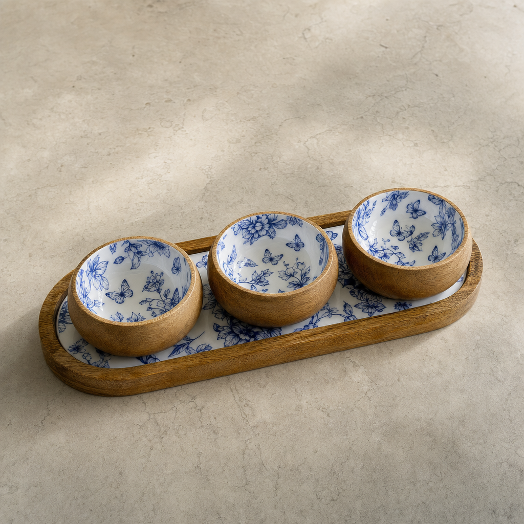 Blue Blossom 3 Kaseli Ahşap Oval Sunum Tepsisi Meze Sos ve Kahvaltılık Servis Seti