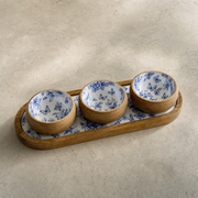 Blue Blossom 3 Kaseli Ahşap Oval Sunum Tepsisi Meze Sos ve Kahvaltılık Servis Seti