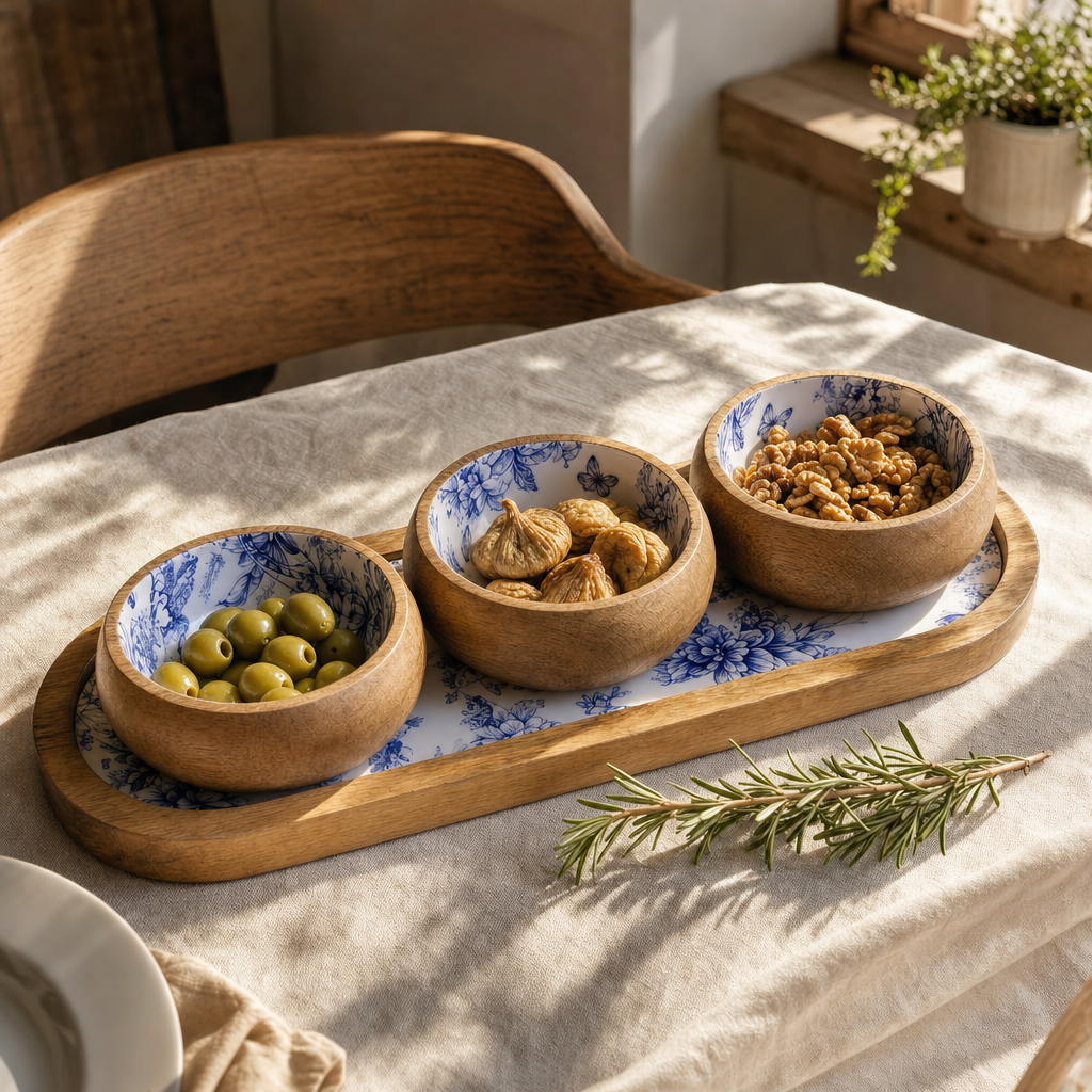 Blue Blossom 3 Kaseli Ahşap Oval Sunum Tepsisi Meze Sos ve Kahvaltılık Servis Seti