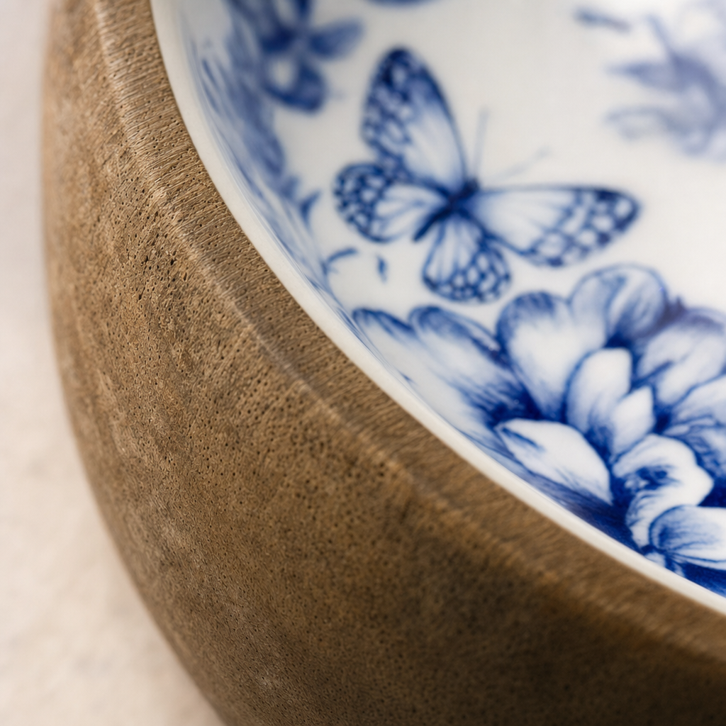 Blue Blossom 3 Kaseli Ahşap Oval Sunum Tepsisi Meze Sos ve Kahvaltılık Servis Seti