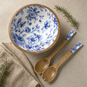 Blue Blossom Ahşap Salata Kasesi Servis Aparatlı Sofra ve Sunum Seti