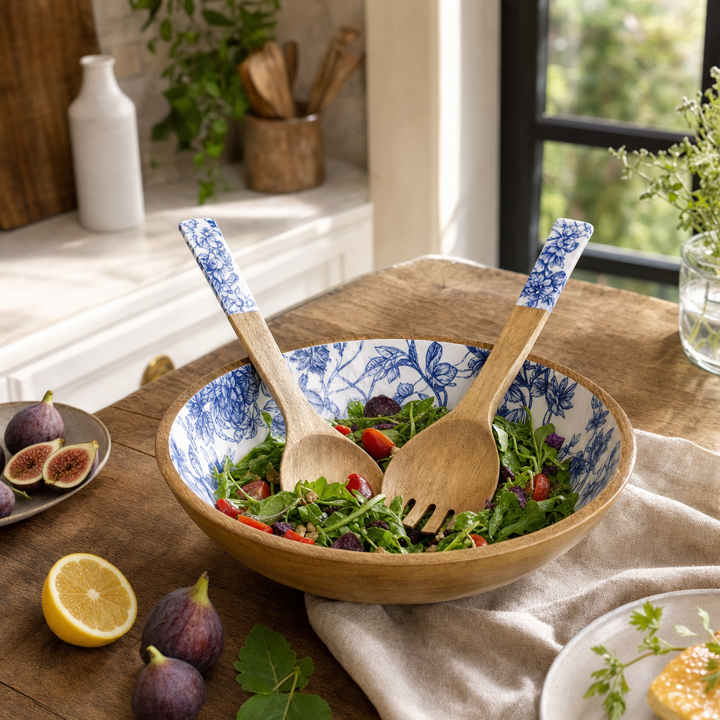 Blue Blossom Ahşap Salata Kasesi Servis Aparatlı Sofra ve Sunum Seti