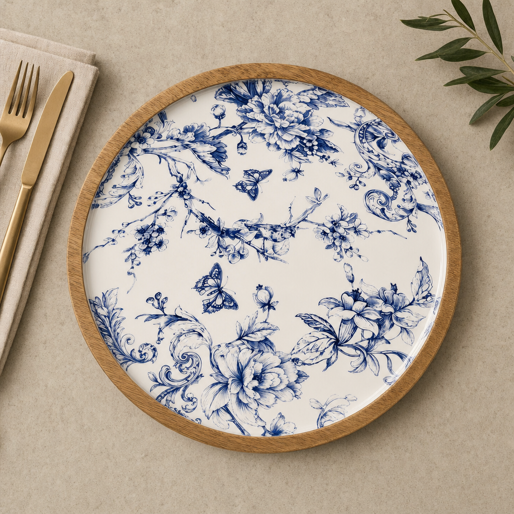 Blue Blossom Ahşap Yuvarlak Servis Tepsisi 30 cm
