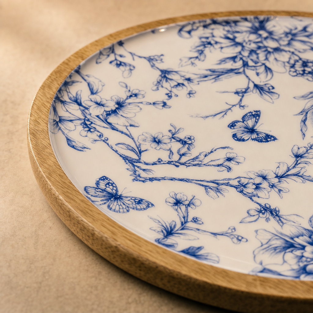 Blue Blossom Ahşap Yuvarlak Servis Tepsisi 30 cm