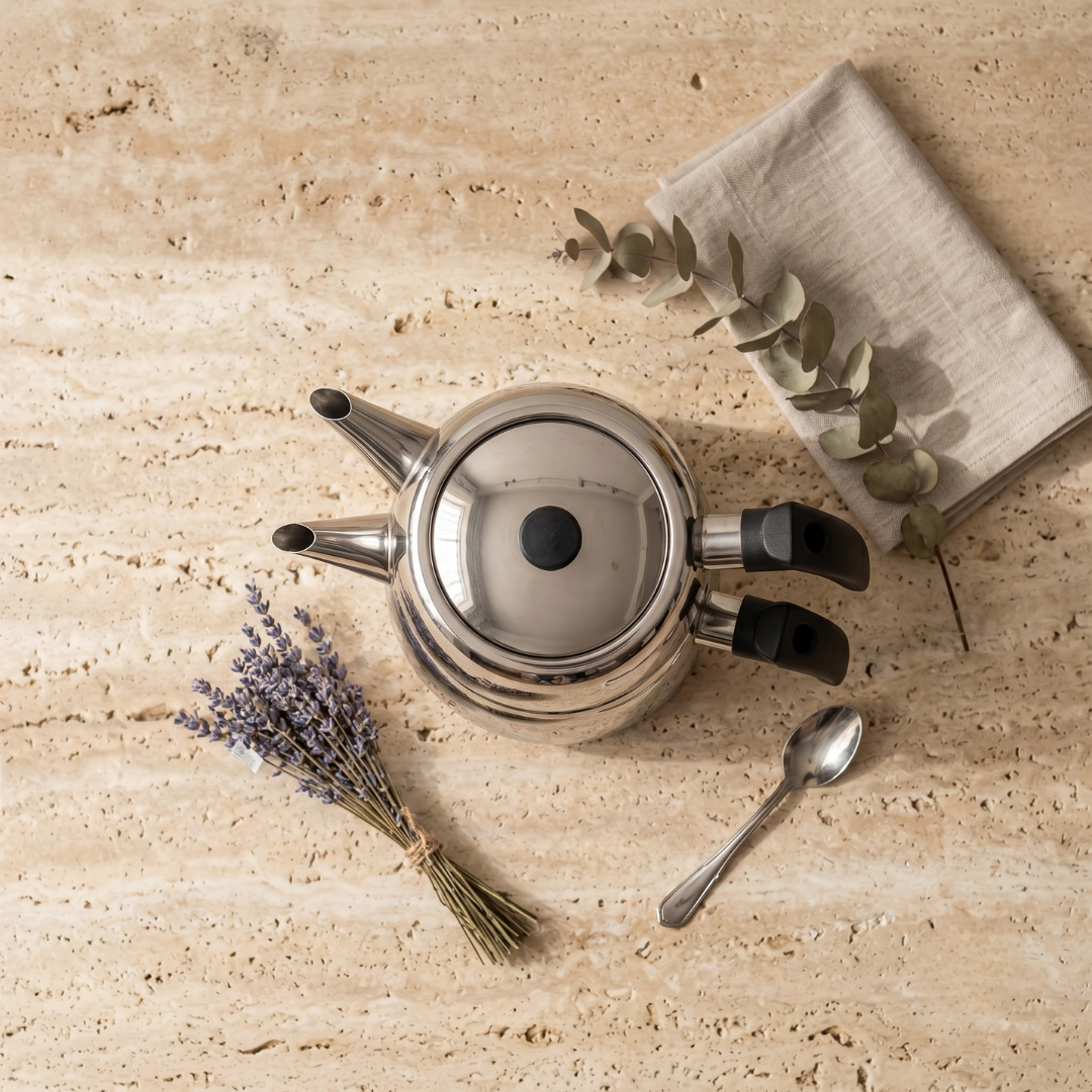 Cookina Plus midi boy çaydanlık seti ile çay demlenirken.