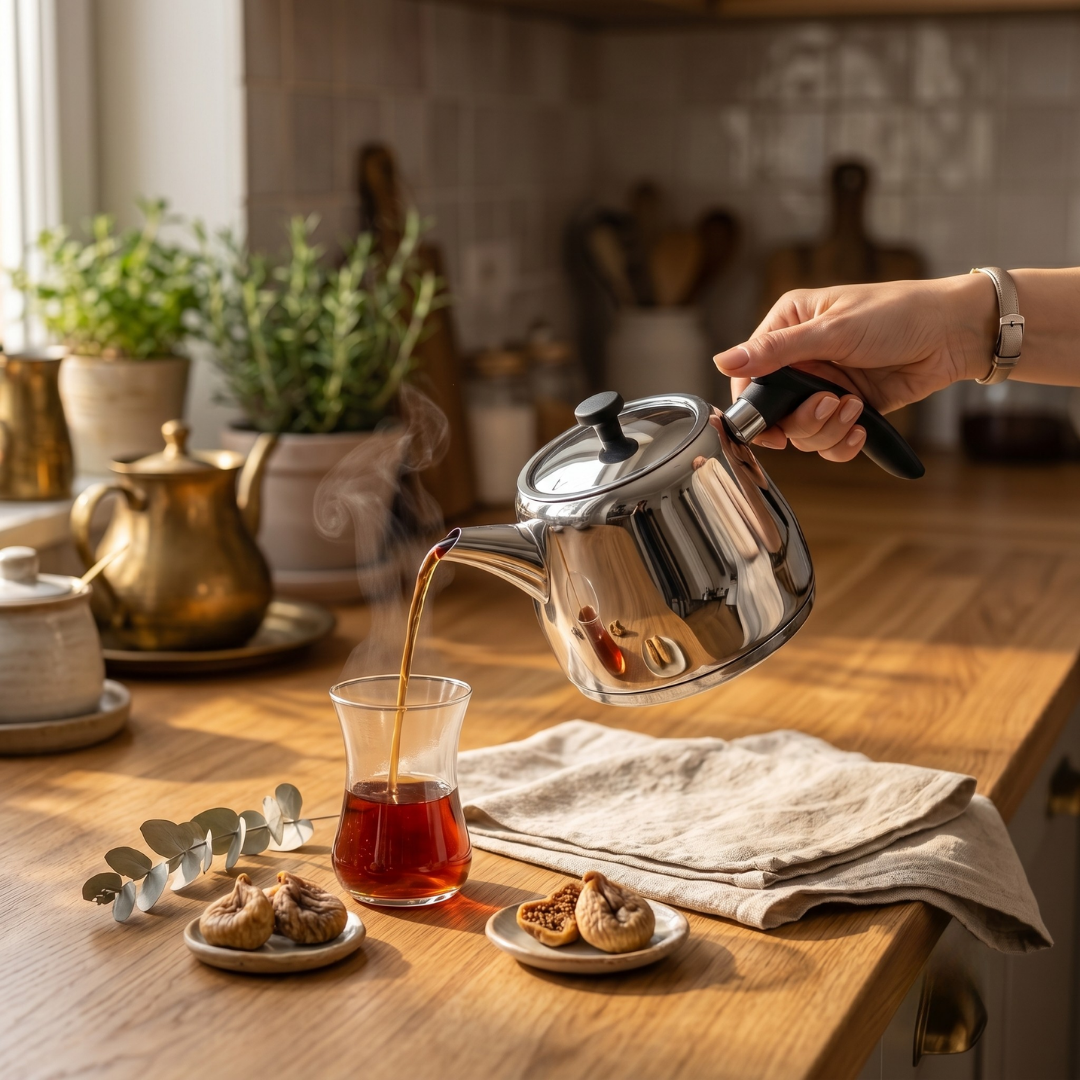 Detaylı görünümlü Cookina Plus çaydanlık seti, ergonomik siyah plastik kulp.