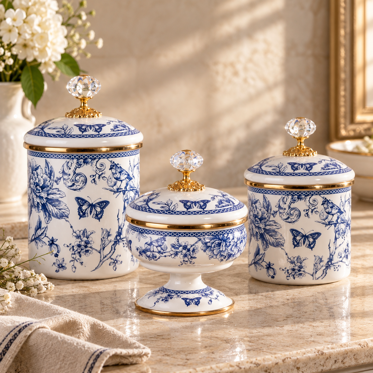 Cookina Plus Blue Blossom 3'lü Emaye Kavanoz Seti
