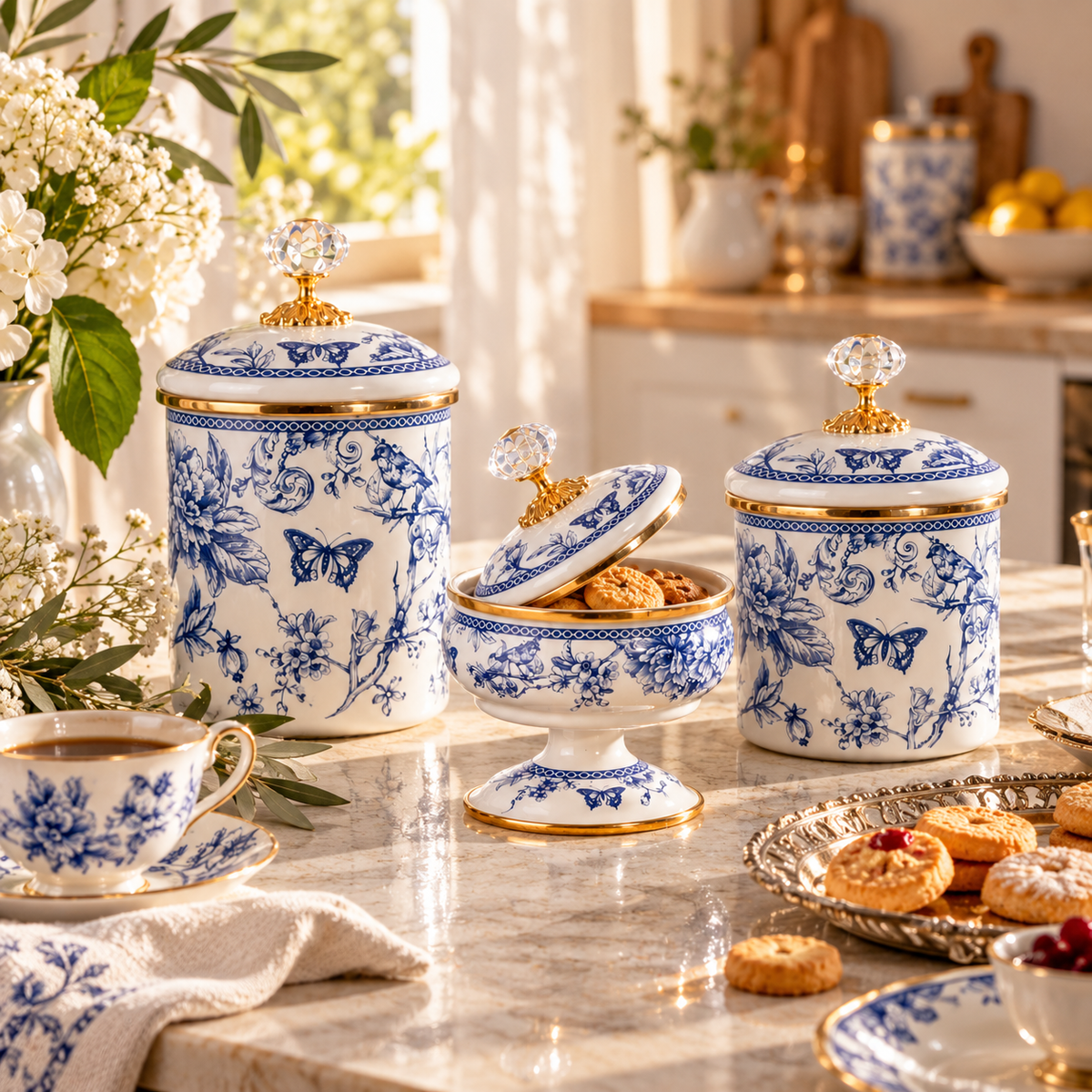 Cookina Plus Blue Blossom 3'lü Emaye Kavanoz Seti
