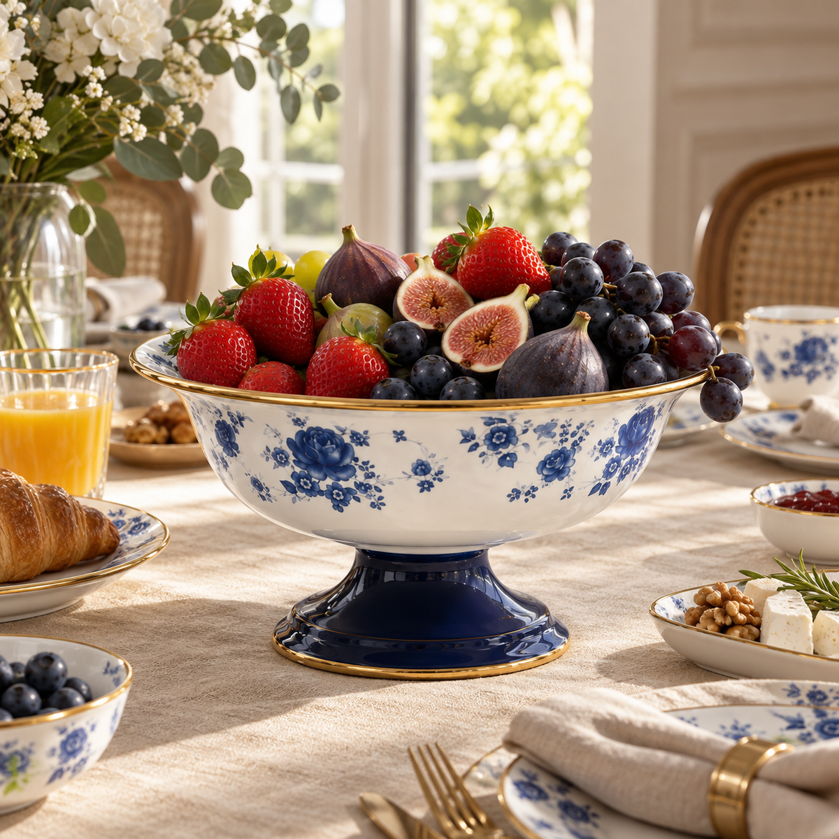 Cookina Plus Blue Blossom Emaye 30cm Ayaklı Meyvelik