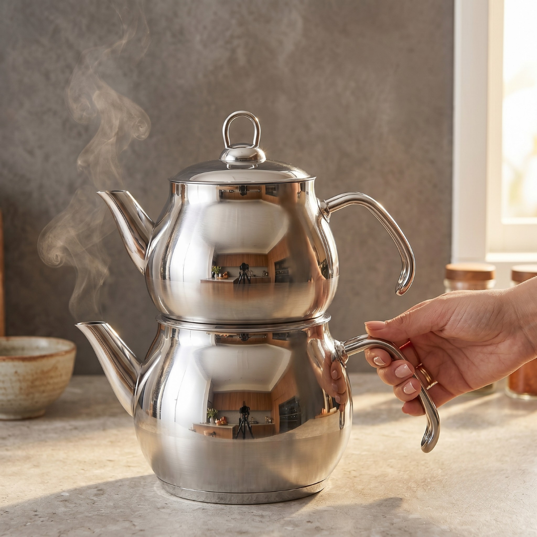 Şık bir masada konumlandırılmış CookinaPlus Midi Küre Çaydanlık Seti, sıcak bir çay anını yansıtırken.