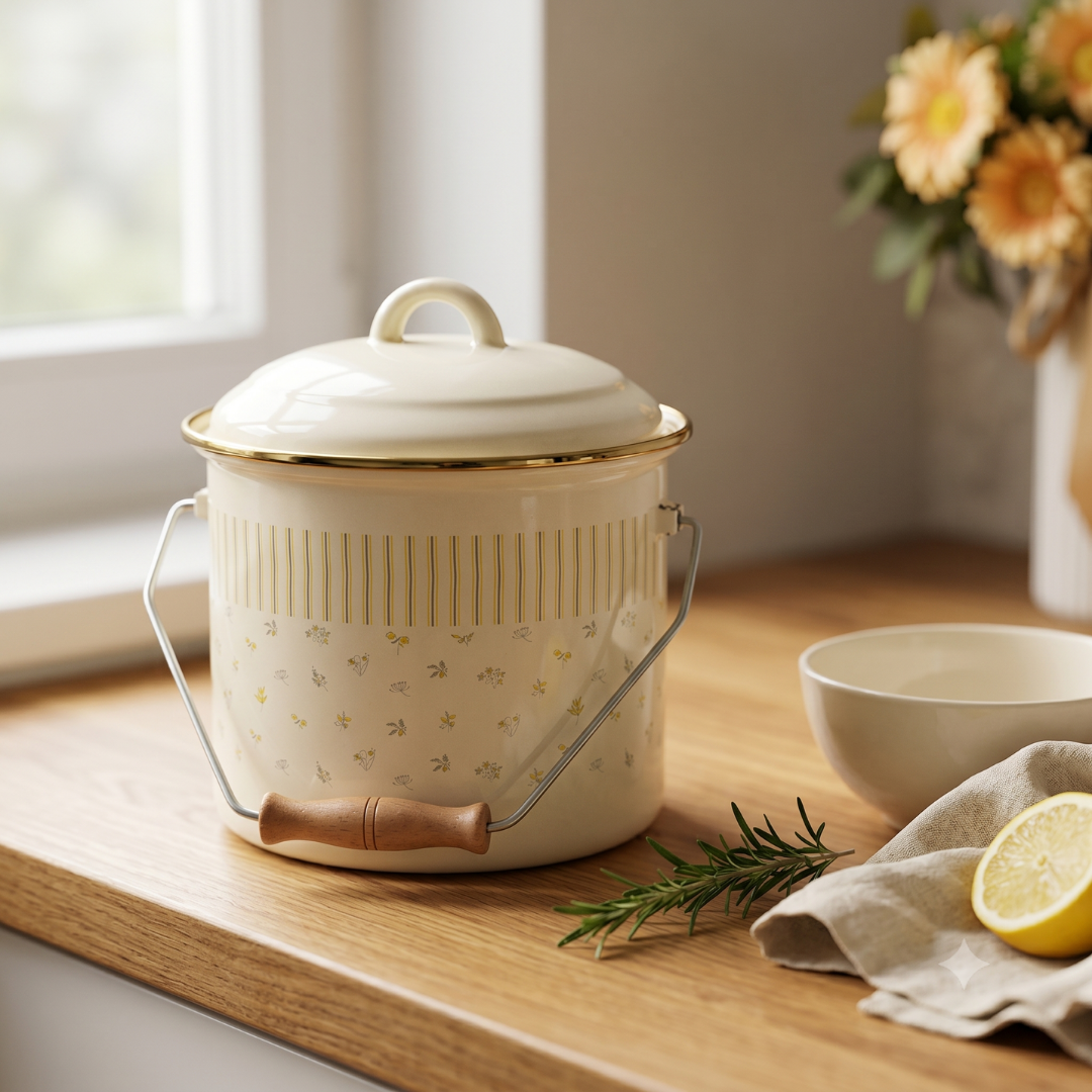 Cookina Plus emaye bakraç mutfak tezgahı sabah ritüeli ahşap yüzey biberiye
