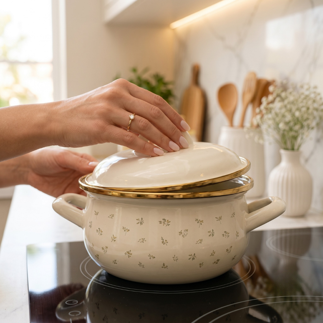 Cookina Plus 3'lü emaye tencere seti editorial top-down flat lay limestone zemin