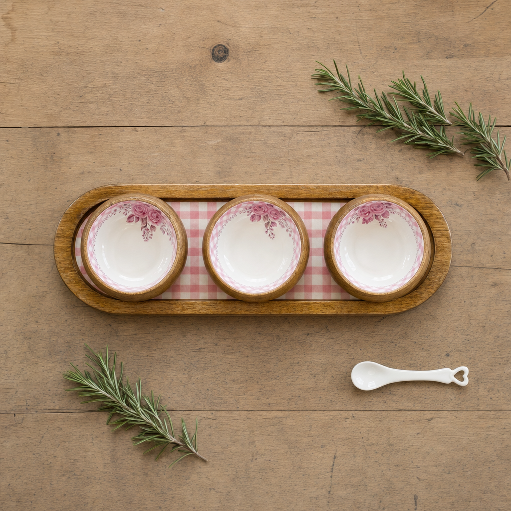Pink Rosa 3 Kaseli Ahşap Oval Sunum Tepsisi Meze Sos ve Kahvaltılık Servis Seti