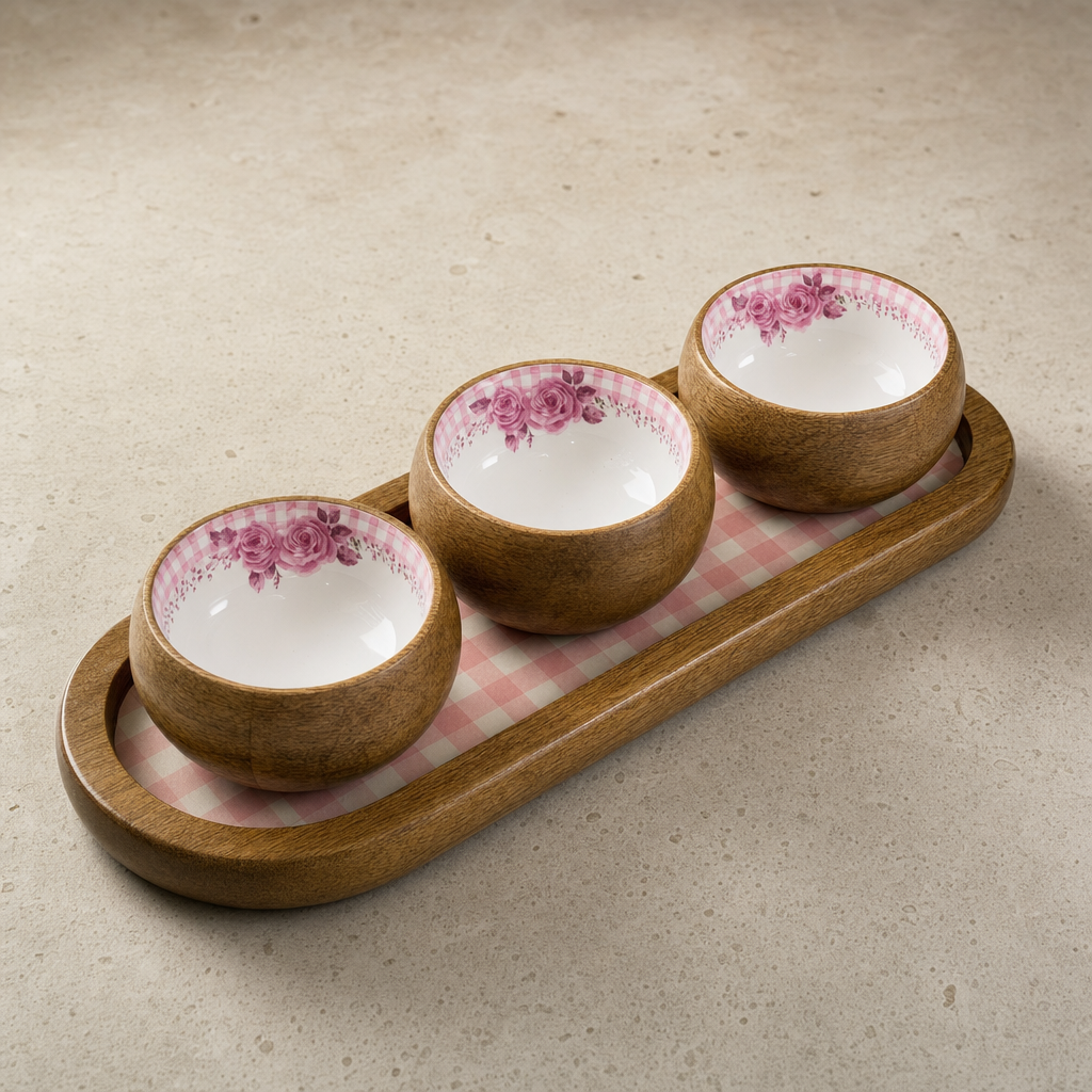Pink Rosa 3 Kaseli Ahşap Oval Sunum Tepsisi Meze Sos ve Kahvaltılık Servis Seti