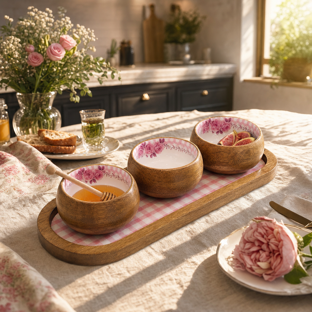 Pink Rosa 3 Kaseli Ahşap Oval Sunum Tepsisi Meze Sos ve Kahvaltılık Servis Seti