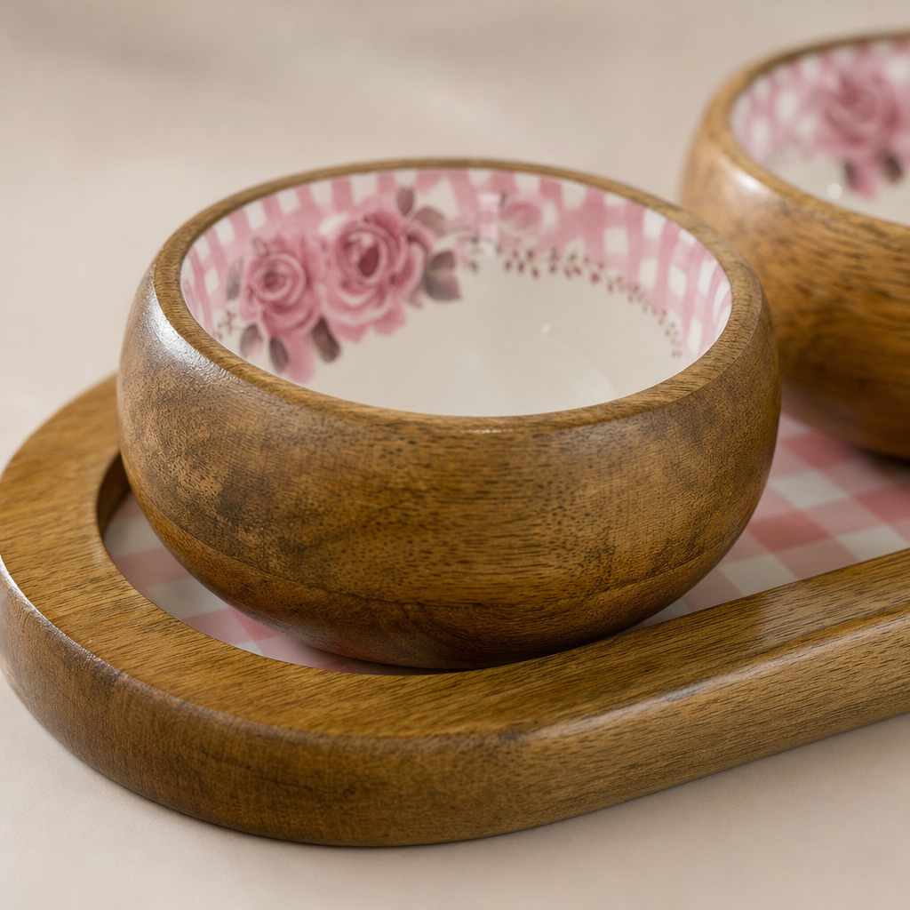 Pink Rosa 3 Kaseli Ahşap Oval Sunum Tepsisi Meze Sos ve Kahvaltılık Servis Seti
