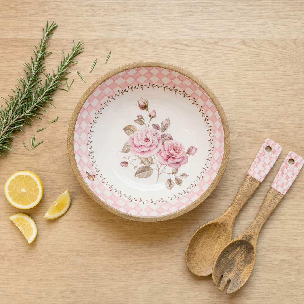 Pink Rosa Ahşap Salata Kasesi Servis Aparatlı Sofra ve Sunum Seti
