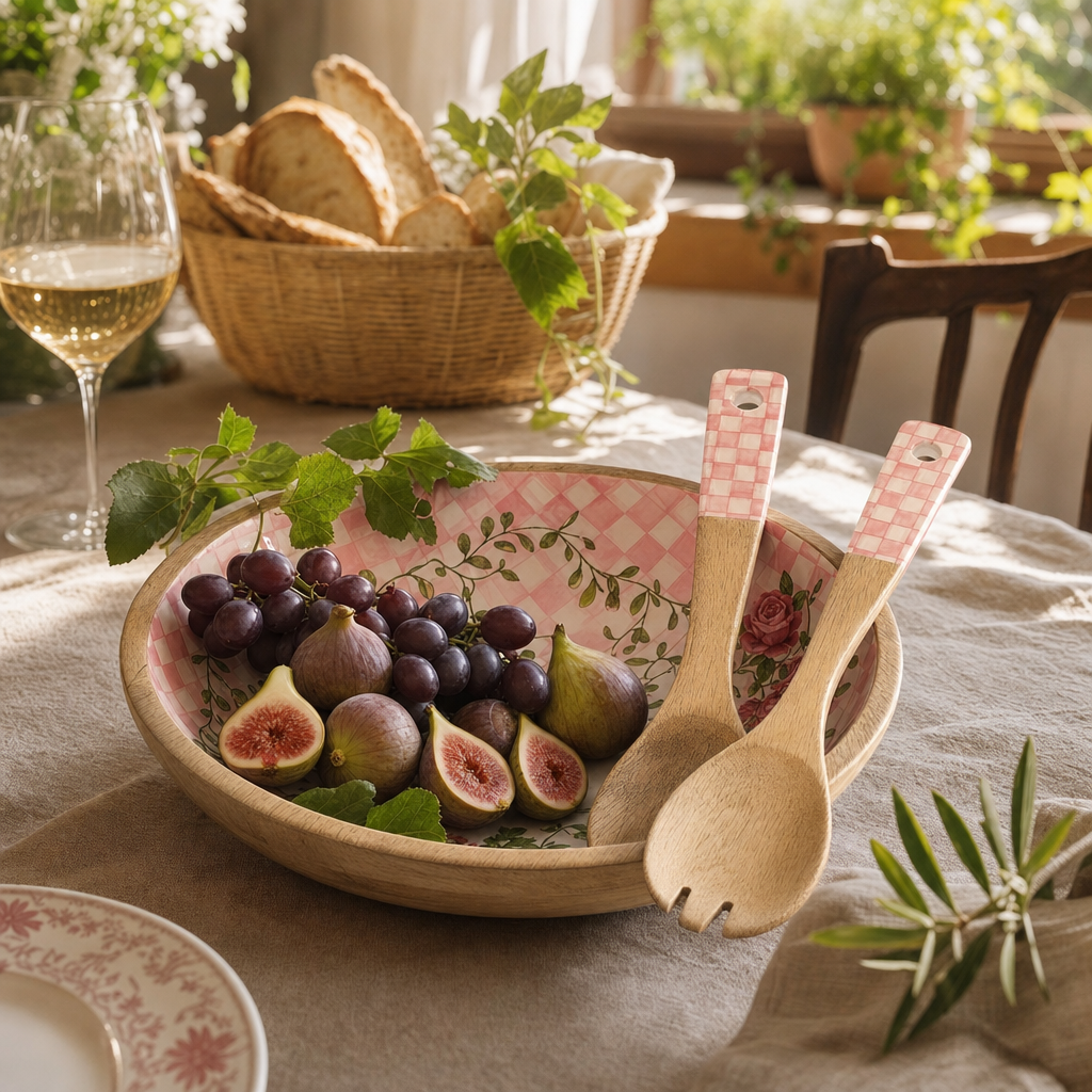 Pink Rosa Ahşap Salata Kasesi Servis Aparatlı Sofra ve Sunum Seti
