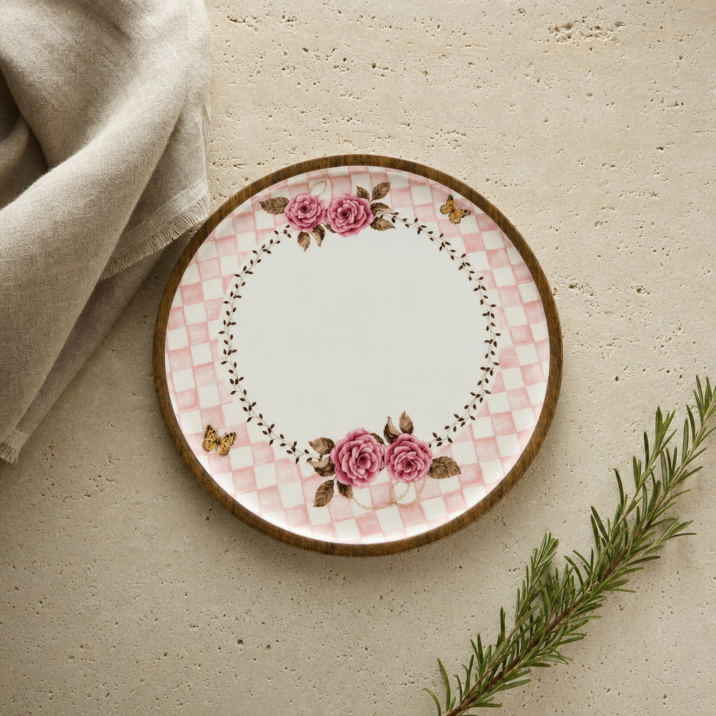 Pink Rosa Ahşap Yuvarlak Servis Tepsisi 30 cm