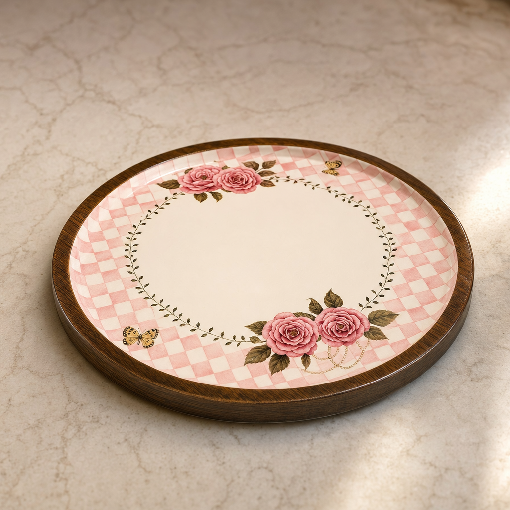 Pink Rosa Ahşap Yuvarlak Servis Tepsisi 30 cm
