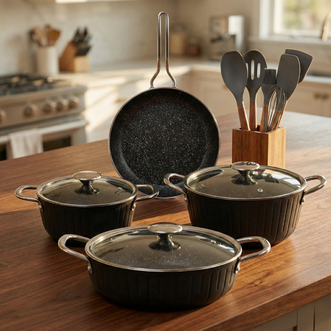 Cookina 7 Parça Siyah Granit Tencere Seti & Molino Akasya Standlı Servis Seti HEDİYE