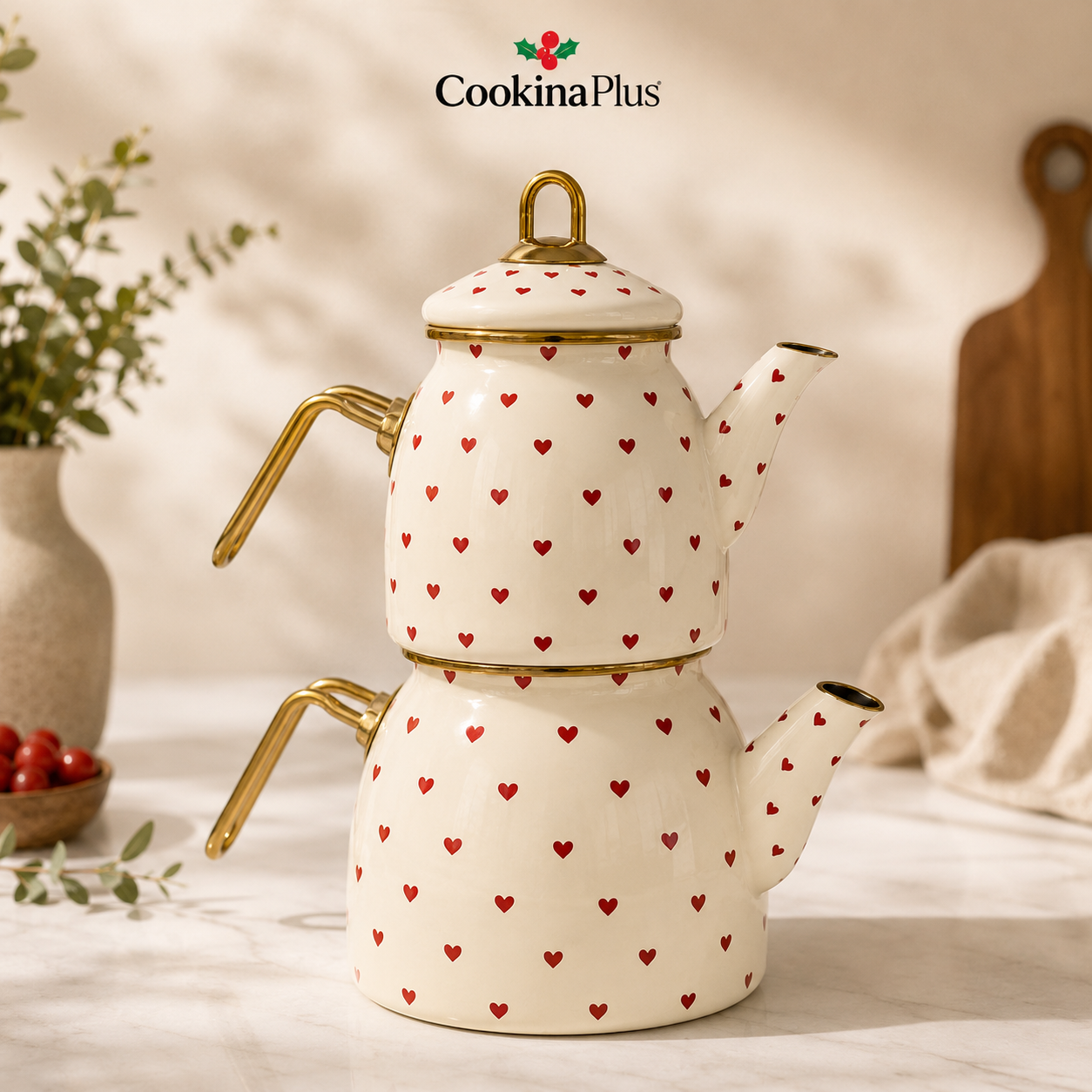 CookinaPlus 3'lü Kalpli Emaye Mutfak Seti | Emaye Çaydanlık ve Sütlük Seti