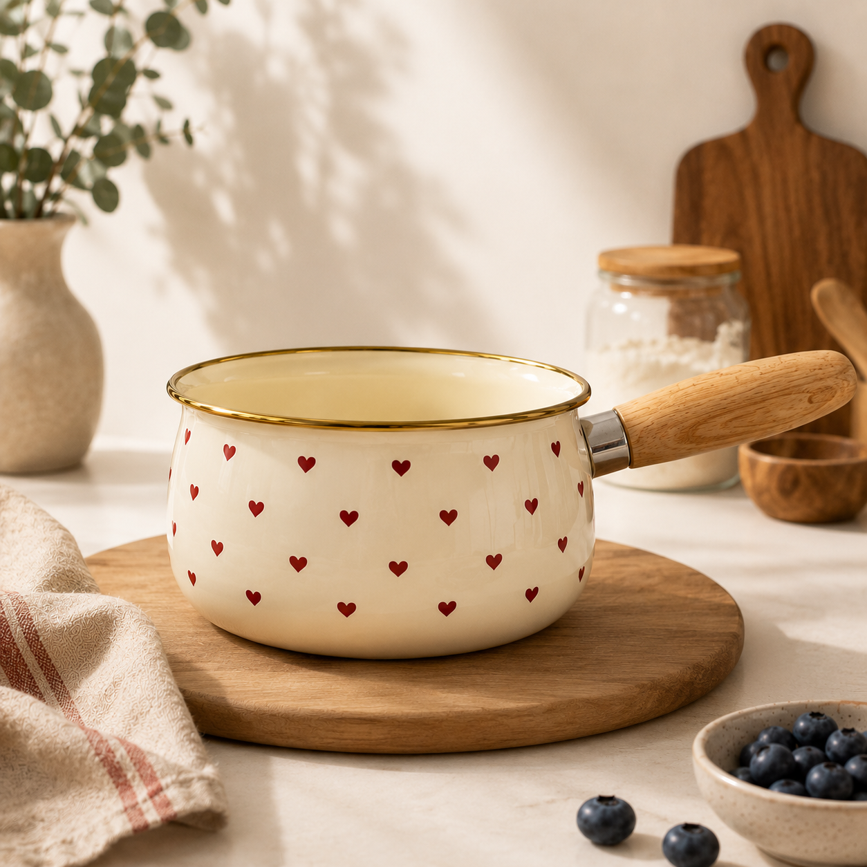 CookinaPlus 3'lü Kalpli Emaye Mutfak Seti | Emaye Çaydanlık ve Sütlük Seti