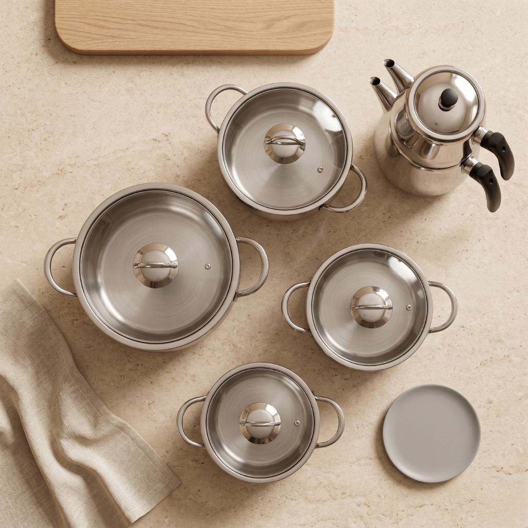 4'lü Çelik Tencere Seti + Çelik Midi Çaydanlık Hediyeli | CookinaPlus
