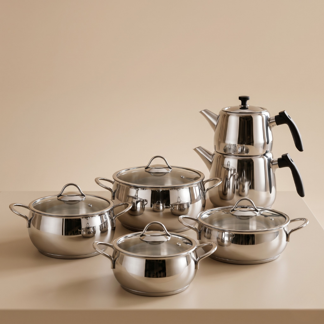4'lü Çelik Tencere Seti + Çelik Midi Çaydanlık Hediyeli | CookinaPlus