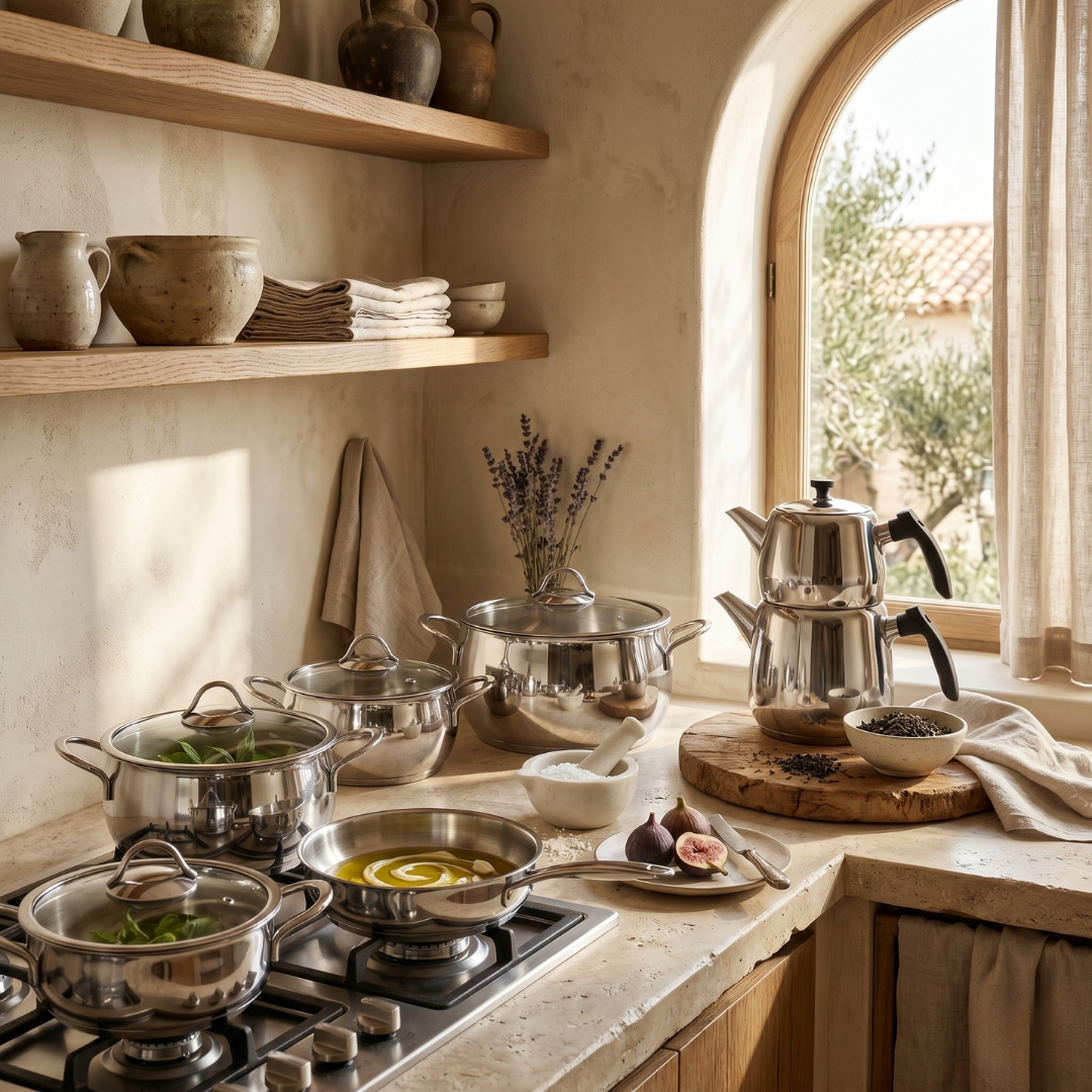 4'lü Çelik Tencere Seti + Çelik Midi Çaydanlık Hediyeli | CookinaPlus