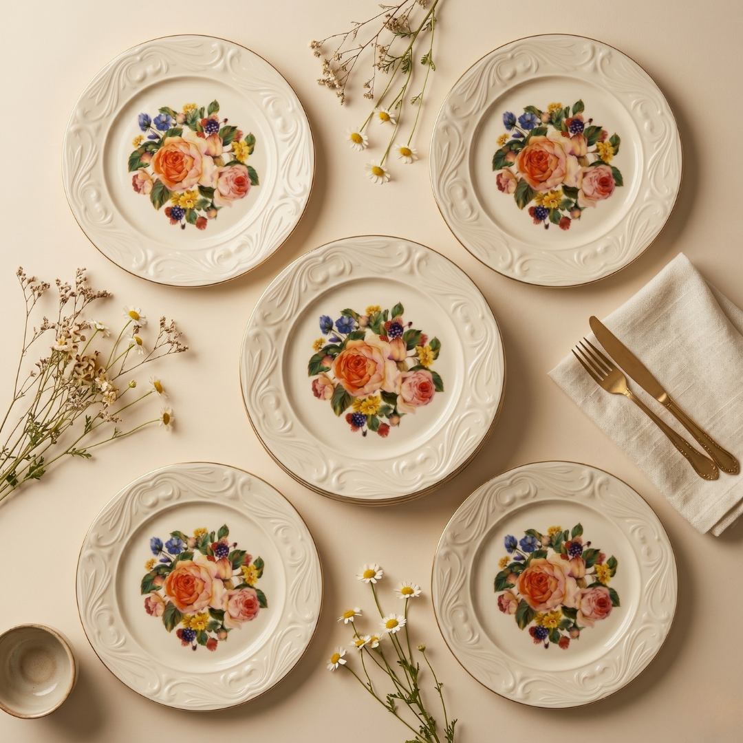 CookinaPlus Rosé Heritage 6 Kişilik Porselen Servis Tabağı Seti - Antik Gül Serisi